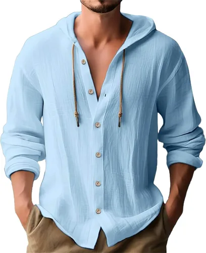 Vista 22 de Camisas de lino para hombre, casual, con botones, de verano, algodón, lino, con capucha, para playa, manga larga, con capucha