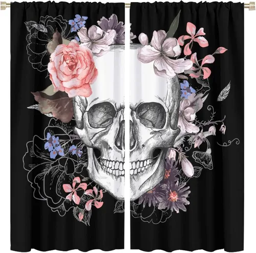 Vista 17 de Cortinas de cabeza de calavera, calavera blanca y rosas rojas con ramas y hojas negras, cortinas opacas decorativas para sala de estar, dormitorio