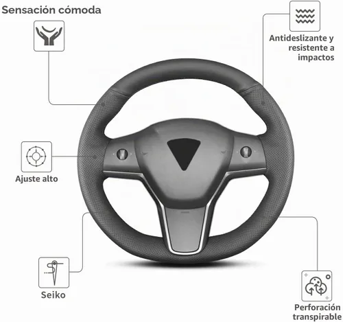 Vista 2 de Funda para volante cosida a mano, apta para Tesla Model 3 2017-2023/Modelo Y 2020-2023, funda antideslizante de cuero de microfibra transpirable
