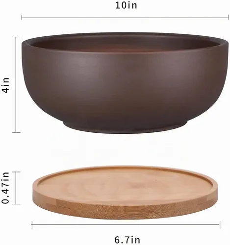 Vista 2 de Maceta de terracota de 10 pulgadas, maceta grande para suculentas y bonsái con agujero de drenaje y platillo de bambú para plantas