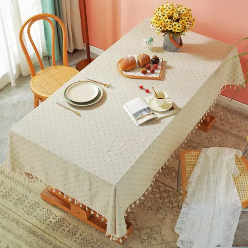 Vista 3 de YUURAINVUVU Mantel de mesa color crema con margaritas azules, manteles rústicos de lino de algodón, manteles de arpillera para cocina, comedor