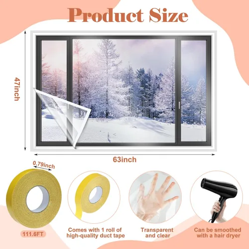 Vista 2 de Kit de aislamiento de ventana de 6 piezas de 47 x 63 pulgadas, película retráctil transparente cortable con cinta adhesiva de doble cara