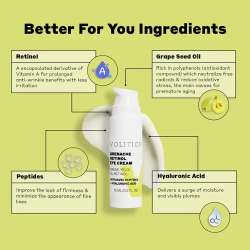 Vista 2 de Volition Beauty Garnacha Retinol Crema de ojos con péptidos + ácido hialurónico Fórmula suave y eficaz para patas de gallo y zona más firme debajo