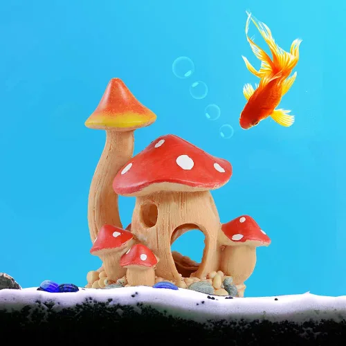Vista 7 de Bonita decoración de casa de hongos para acuario, adorno de pecera, cuevas de Pleco para escondite de peces pequeños y decoraciones de jardín