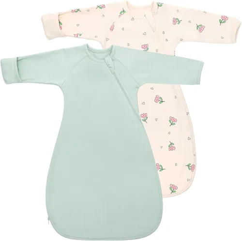 Vista 10 de Saco de dormir de algodón orgánico para recién nacido, saco de dormir de transición para bebé, mangas arriba, puños de manopla, paquete de 2