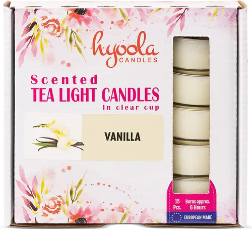 Vista 7 de HYOOLA Velas aromáticas de vela – Taza transparente – Velas perfumadas de vainilla – 6 horas de tiempo de combustión – Paquete de 15 – Fabricado