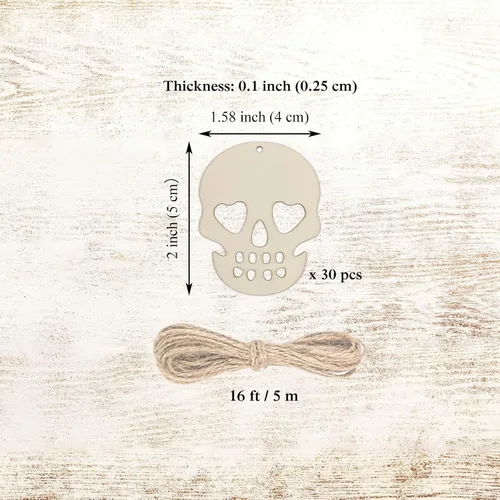 Vista 2 de 30 piezas de mini calaveras de madera para manualidades, recortes de 2 pulgadas, en forma de calavera de madera en blanco con cordeles de yute