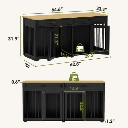 Vista 2 de Muebles grandes de jaula doble para perros de 64.6 pulgadas, muebles de madera para perreras con divisor y 2 cajones, muebles para 2 perros pequeños