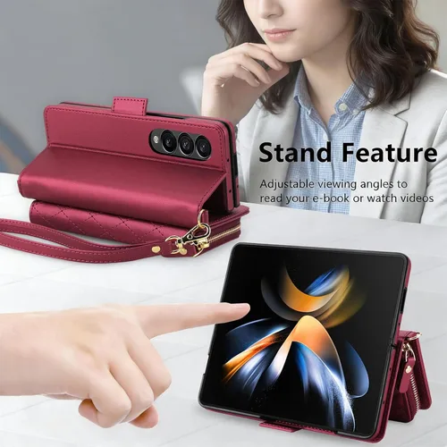 Vista 2 de Compatible con Samsung Galaxy Z Fold 3 5G 2021 - Funda tipo cartera con cremallera y bloqueo RFID, correa para tarjetero, ranuras para tarjetas Rojo