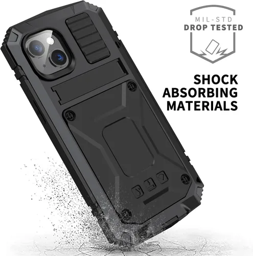 Vista 3 de Funda de metal para iPhone 14 de aluminio de grado militar con protector de pantalla de soporte de metal, a prueba de caídas, a prueba de golpes