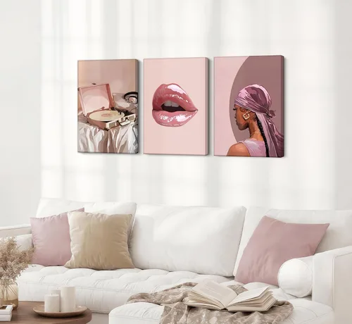 Vista 4 de 3 piezas de arte de pared en lienzo de mujer negra de moda afroamericana, pintura afroamericana, decoración de pared, diseño de niña negra, póster