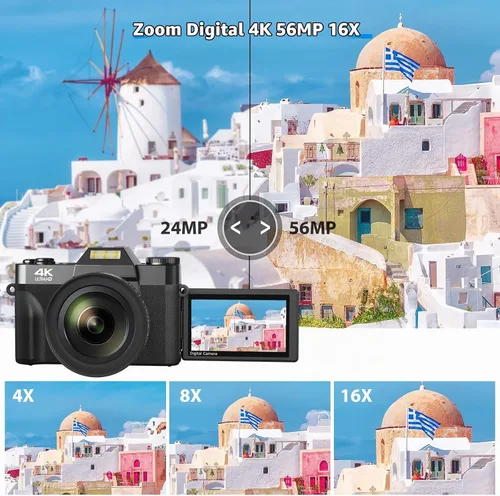 Vista 2 de Cámara digital 4K para vlogging de YouTube, zoom manual de 56 MP 16X, cámara compacta de fotografía con gran angular de 2.047 in y lente macro