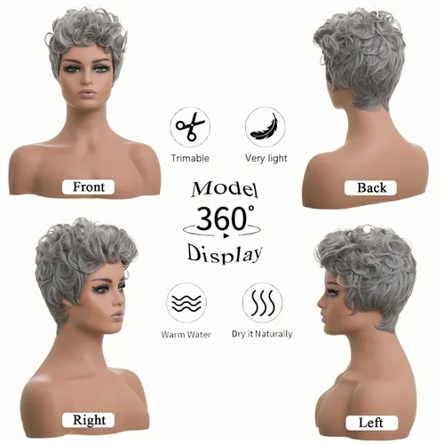 Vista 3 de DOcute Peluca gris para personas negras, corte pixie con flequillo, peluca rizada corta para mujeres negras, peluca rizada esponjosa para mujeres
