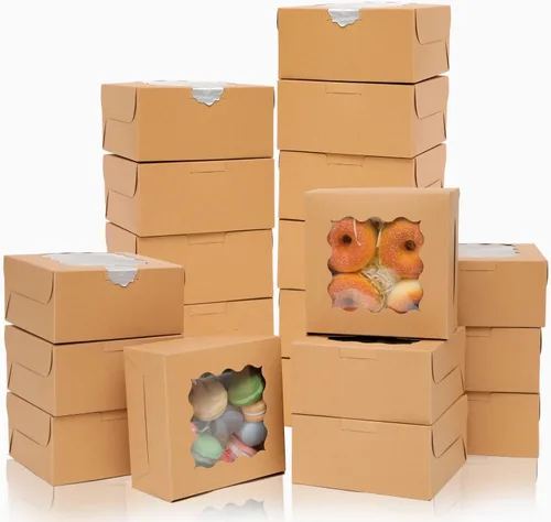 Vista 2 de Bakepacker 60 cajas de papel kraft para panadería con ventana de 6 x 6 x 3 pulgadas de grosor y resistentes cajas de pastelería de macarrones