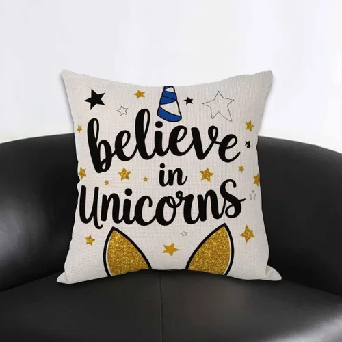 Vista 2 de AOYEGO Believe in Unicorns, funda de almohada decorativa con diseño de cuerno dorado dulce con diseño de estrellas y hadas de fantasía, 18 x 18