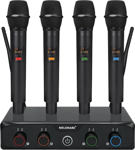 Vista 11 de MELONARE Sistema de micrófono inalámbrico de 4 canales, juego de micrófono inalámbrico UHF con frecuencias de 4x10, 200 pies, 2 micrófonos dinámicos