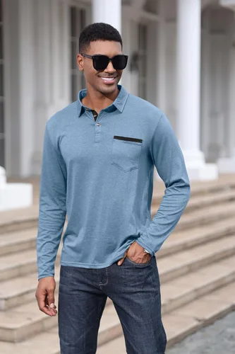 Vista 2 de Polo de algodón clásico de manga larga con botones térmicos y bolsillo para hombre