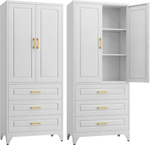 Vista 17 de SteeLoong - Armario de despensa de cocina, armario de almacenamiento de metal negro de 71" con puertas y 4 estantes ajustables, gabinete de cocina