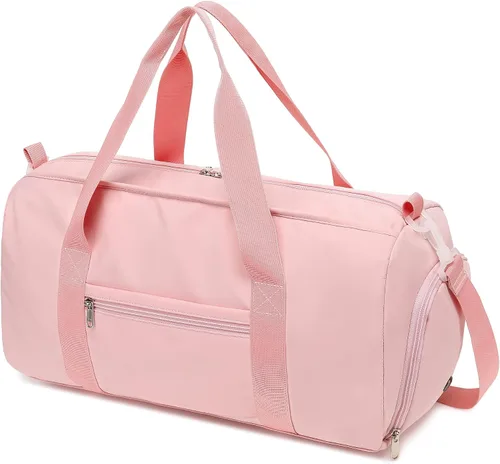 Vista 8 de Bolsa de viaje deportiva para gimnasio para hombres y mujeres con compartimento para zapatos, bolsillo húmedo, Rosa (Pure Pink), Bolsa de gimnasio