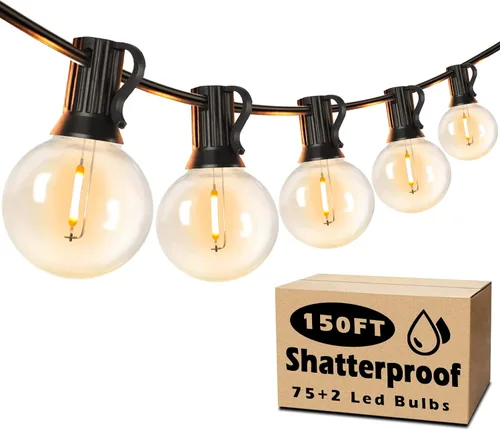 Vista 11 de Luces de Cadena LED para Exteriores de 50 Pies Impermeables, Brillantes 2700K, Luces de Cadena para Patio LED con 27 Bombillas Globo G40