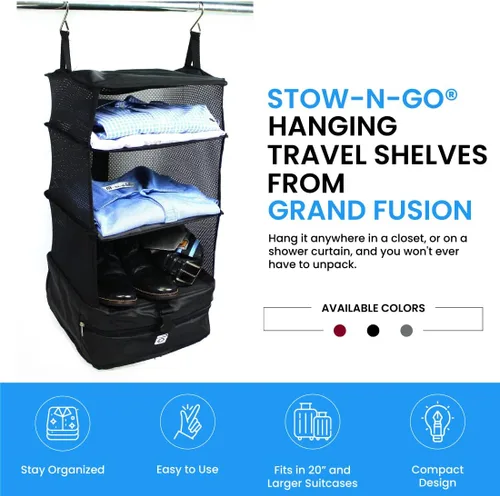 Vista 5 de Grand Fusion Housewares Stow-N-Go - Organizador de equipaje y viaje, artículos esenciales de viaje, cubos de embalaje colgantes con estantes