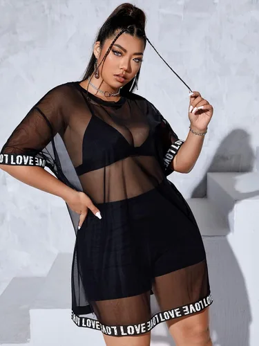Vista 3 de WDIRARA Vestido de malla transparente con estampado de letras de talla grande para mujer
