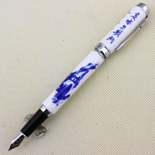 Vista 2 de Gullor Pluma estilográfica Jinhao 950 Porcelana Azul y Blanca con Caligrafía China y Punta Fina Caballo