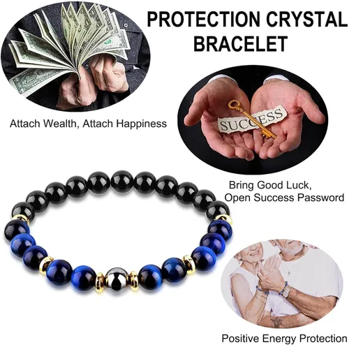 Vista 3 de Pulsera de triple protección de buena suerte, para hombres y mujeres, ojo de tigre azul, obsidiana negra, hematita, riqueza, prosperidad, felicidad