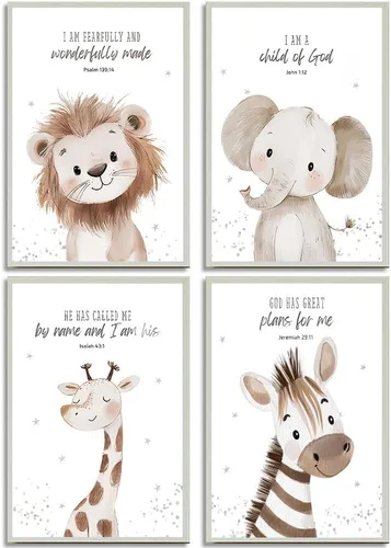 Vista 10 de Arte de pared enmarcado para guardería con versículo bíblico de animales en lienzo, arte de pared divertido y lindo de animales de safari, pintura
