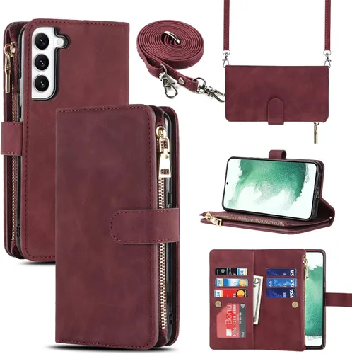Vista 13 de Cavor Funda tipo cartera cruzada para Samsung Galaxy S22 Plus, color negro Funda de cuero con cierre magnético con cremallera y función atril TPU