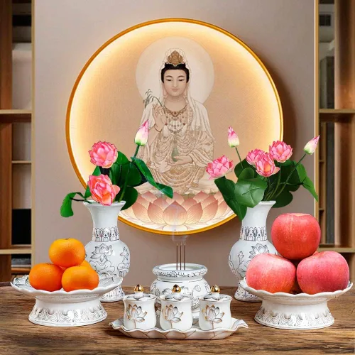 Vista 5 de Houlu Juego de 3 tazas de altar, taza de cerámica para ofrenda de agua bendita, taza de adoración budista tibetana (blanco)