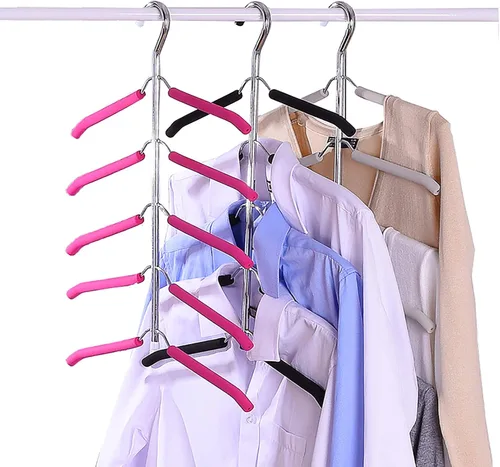 Vista 6 de Paquete de 3 perchas para blusas 5 en 1 que ahorran espacio, perchas acolchadas antideslizantes con brazo oscilante, acero inoxidable resistente