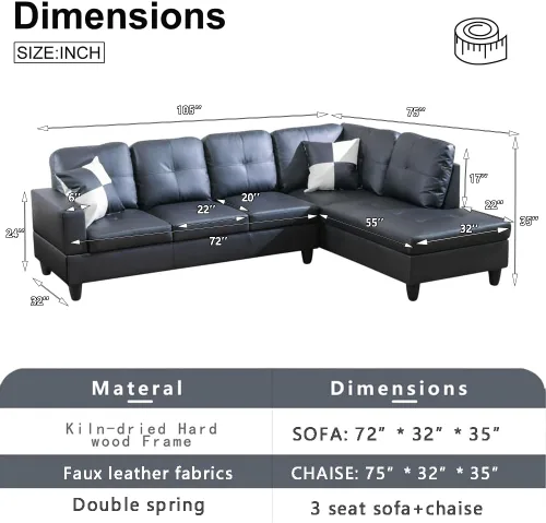 Vista 2 de A Ainehome Juego de sofá de sala de estar, 2 piezas, sofá seccional en forma de L, sofá de piel sintética con diván para sala de A-Negro