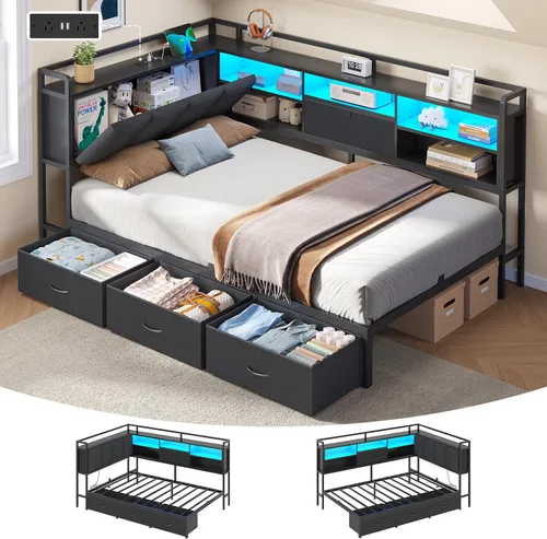 Vista 12 de Estructura de cama de esquina completa con 4 cajones, estantería y cabecero Negro