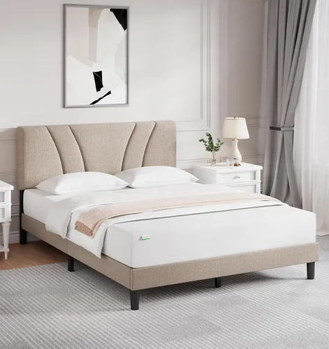 Vista 13 de Novilla Base de cama de tamaño matrimonial con plataforma de cabecera ajustable, base de cama matrimonial con cabecera tapizada de tela de lino,