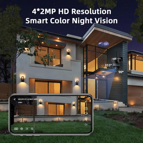 Vista 4 de Cámara de seguridad inalámbrica de 4 lentes al aire libre, imagen HD 2K PTZ 360° de vigilancia, visión nocturna a color, conexión WiFi, detección