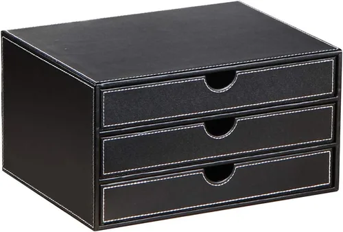 Vista 2 de Ayunga Organizador de escritorio de cuero con 3 cajones, suministros de oficina ejecutiva, archivador A4, caja de almacenamiento apilable