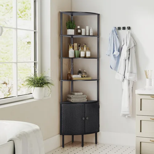Vista 2 de Estante esquinero de 66.92 pulgadas de alto de 4 niveles, armario de baño esquinero con puertas de ratán de metal, estante de almacenamiento