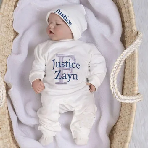 Vista 7 de Personalized Sleeper Baby Coming Home Outfit, Personalized Neutral Naby Romper and Hat Set Custom Infant Boy Coming Home Outfit Baby Shower Gift