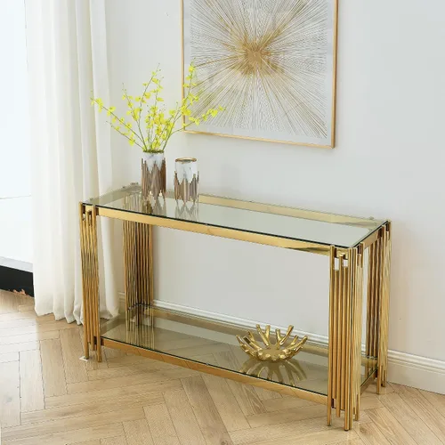Vista 15 de Mesa consola moderna de cristal, mesa de sofá dorada de 55 pulgadas con marco de metal resistente y parte superior de vidrio templado negro