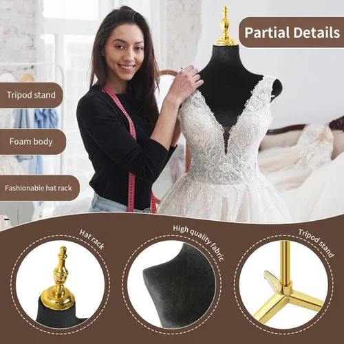 Vista 5 de Soporte de trípode de maniquí femenino de terciopelo negro,Maniquí ajustable en altura para cuerda,Maniquí de forma de vestido y exhibición de joyas