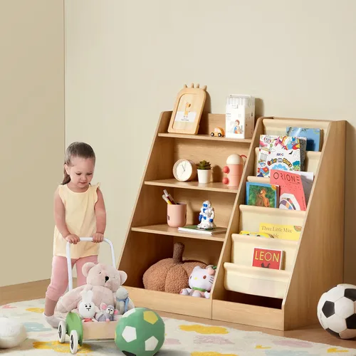 Vista 2 de VEVOR Estantería de madera para niños de 4 niveles, organizador de almacenamiento de juguetes para niños pequeños, estante de libros