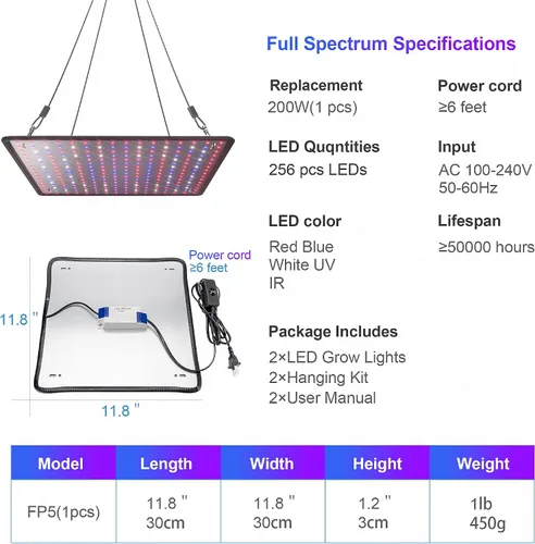 Vista 5 de Paquete de 2 paneles LED de luz de crecimiento de 200 W para plantas de interior, espectro completo con LED UV IR blanco, azul, rojo, para cobertura
