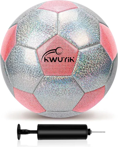 Vista 12 de Balón de fútbol de tamaño 3, 4, 5, con purpurina, rosa, morado, negro y plateado con inflador, pelota de fútbol para niños pequeños de 3 a 6 años, 6