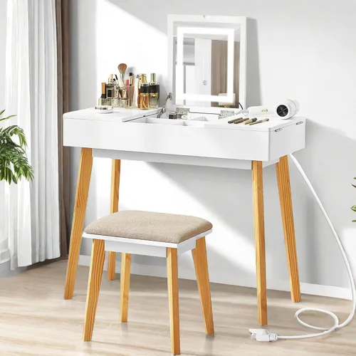 Vista 9 de Tocador Pequeño, Tocador Compacto para Niñas con Taburete y Toma de Corriente, Escritorio de Maquillaje con Espejo y Luz LED, Mesa de Tocador