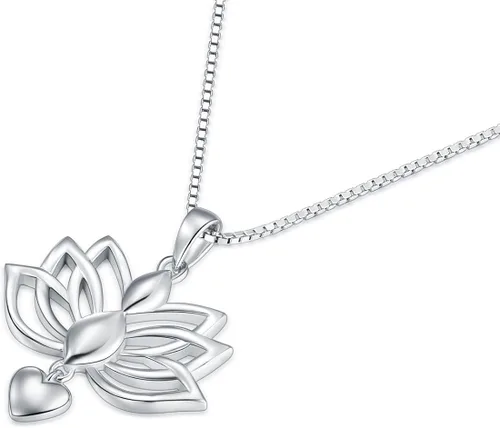 Vista 2 de BORUO Collares de plata de ley, collares de plata 925 con colgante de flor de loto, cadena de corazón de yoga para mujer