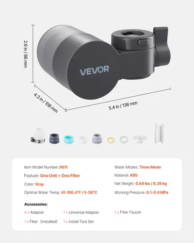 Vista 7 de VEVOR Filtro de agua de montaje en grifo, purificador de agua horizontal para grifo de fregadero, filtros de fibra de carbono, elimina el plomo