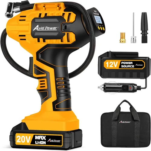 Vista 9 de Avid Power Compresor de aire portátil para inflar neumáticos de auto, bomba inalámbrica de 20 voltios, batería recargable y adaptador de 12 voltios