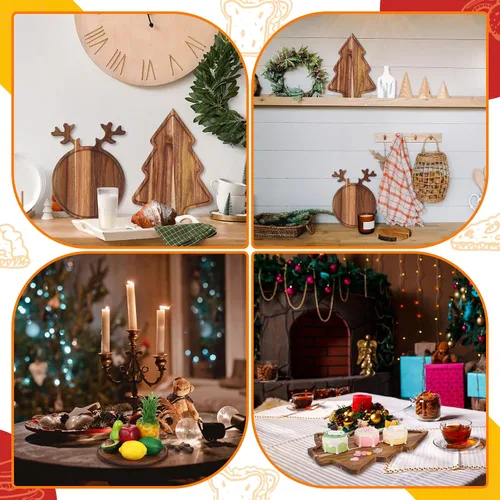 Vista 3 de Umigy 2 Piezas Tablas de Charcutería de Navidad Tabla de Cortar de Madera en Forma de Árbol de Navidad con Mango Cornamenta Madera de Acacia Linda