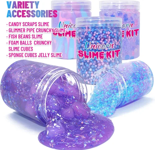 Vista 2 de Kit de slime de unicornio para niñas de 4 a 12 años, suministros para hacer slime de mantequilla, confeti de caramelo, crujiente y crujiente, espuma